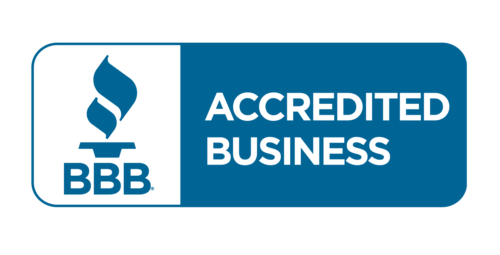 Blue and white "BBB Accredited Business" logo featuring the BBB flame symbol on the left and the text on the right.